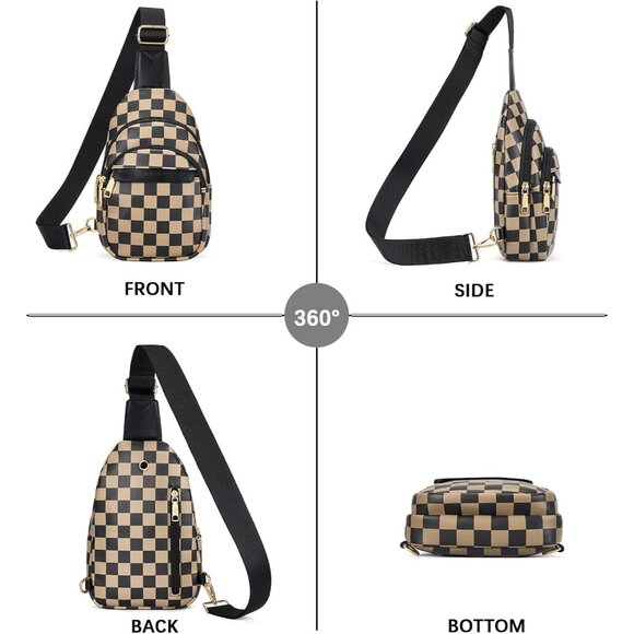 Women Checkered Coffee Imported Leather Small Crossbody Chest Sling Travel Bag - Picture 8 of 8